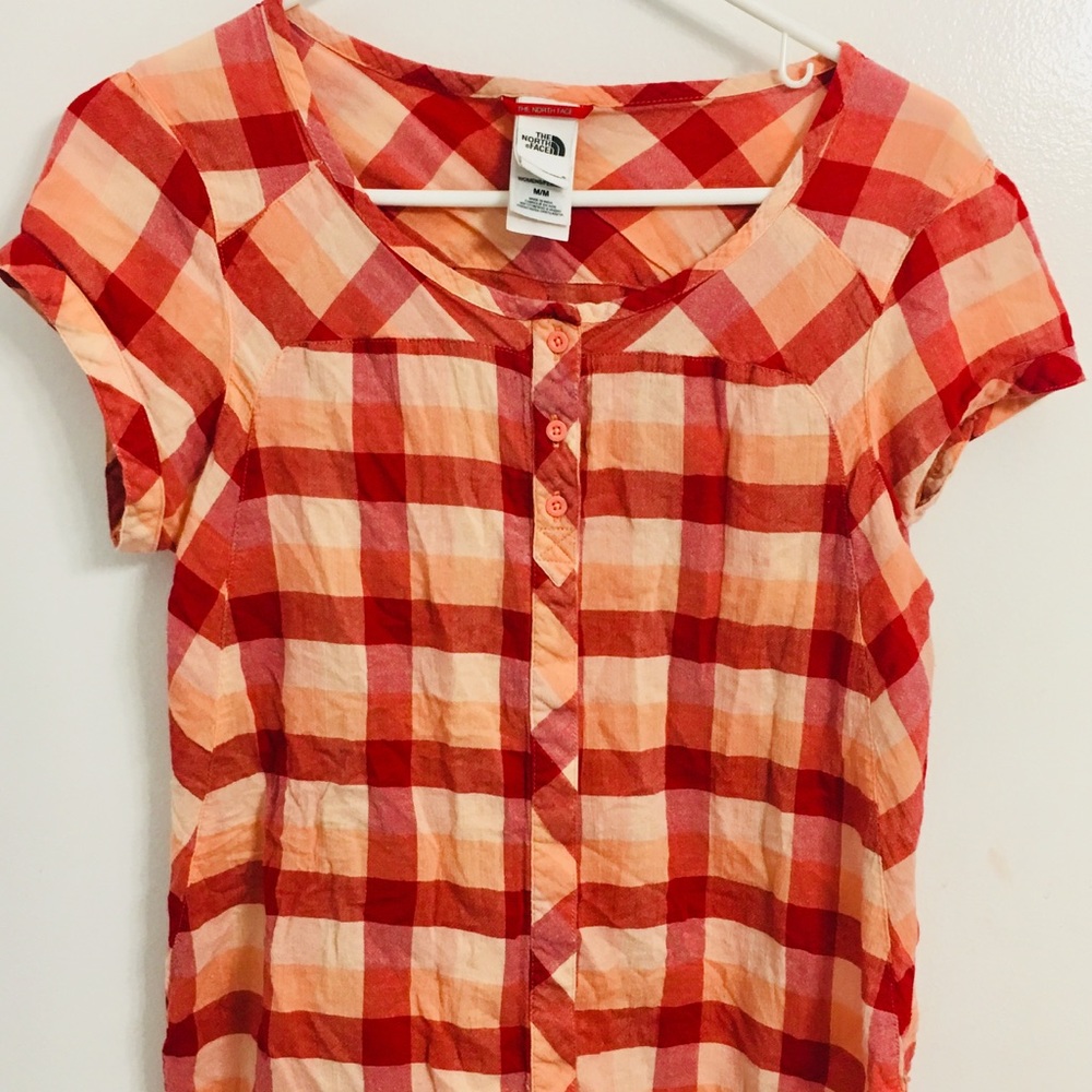 The North Face Orange Plaid Button Up Top Sz M
